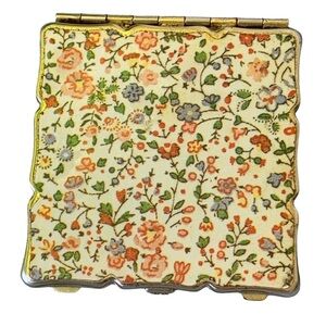 Vintage Floral Compact Mirror Made in Japan Flowers Gold Tone Enamel Square
